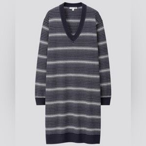 Uniqlo X JW Anderson V-Neck Linen blend Blue striped dress size small